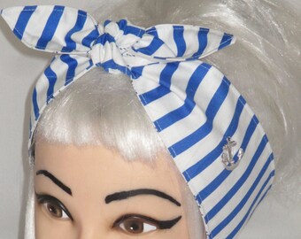 Head Scarf tie Blue white Stripes headband hair wrap sailor Anchor