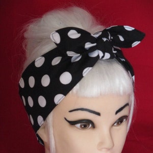Head Scarf wrap Black white Polka Dots Headband Bandana Rockabilly bow