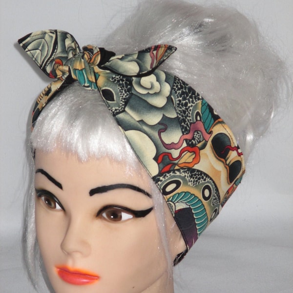 Head Scarf tie Rockabilly Tattoo print knotted headband Wrap Tie Bandana bow