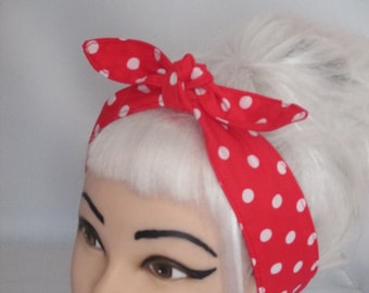 Red White polka dots Rockabilly Headband Head Scarf Hair Wrap White Red Polka Dots Cotton Rosie the Riveter