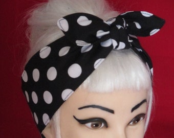 Head Scarf Black white Polka Dots Headband Pinup Vintage Rockabilly Retro Style 50s Rockabilly