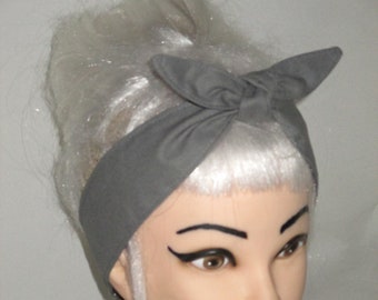 Pinup Rockabilly Narrow Headband Head Scarf Hair Wrap solid gray grey  Cotton skinny 2"