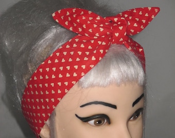 Red HEARTS Rockabilly Head Scarf Headband Vintage inspired