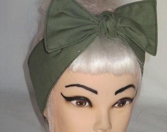 Rockabilly Bow Headband army green Head scarf wrap khaki Pinup Vintage Retro Style 50s