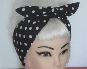 Headscarf Black and white Polka Dots Headband Pinup Vintage Retro Style 50s Rockabilly light