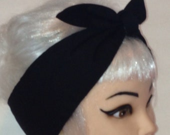 Hair wrap solid Black Rockabilly headband Head scarf Wrap Tie bow