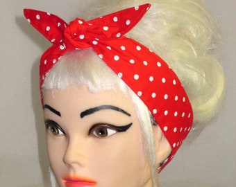 White and Red Polka dots Rockabilly Head Scarf headband hair wrap Pinup Vintage Retro Narrow Skinny Rosie the Riveter