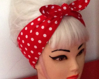 White Red Polka dots Rockabilly Head Scarf 50's headband Pinup Vintage Retro Rosie the Riveter