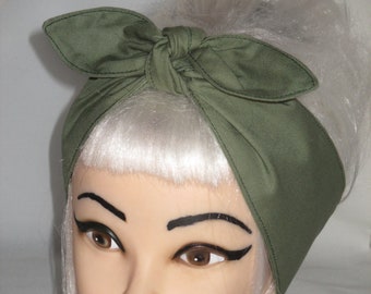 Rockabilly Head Scarf Hair Wrap khaki Headband bow army green olive Pinup Vintage Retro Style 50s