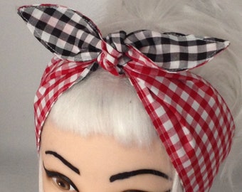 Rockabilly Head scarf Headband Black Red White GINGHAM checks Wrap Tie