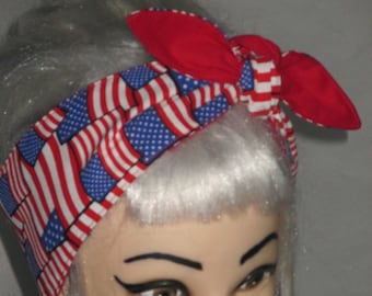 USA flag REVERSIBLE Head Scarf Rockabilly Hair scarf wrap US  Patriotic July 4th us flag