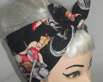 Pinup Girls BLACK head scarf hair wrap Extra wide Headband rockabilly Motorcycles