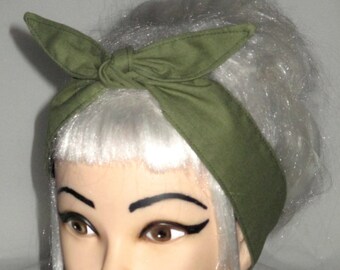 Rockabilly Dolly bow Bow knotted  Headband army green olive hair wrap head scarf Pinup Vintage Retro Style 50s skinny narrow
