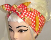 Rockabilly Head scarf Headband Red White GINGHAM RETRO Picnic BBQ food chef Pinup Vintage Retro Style 50s Head Wrap Tie