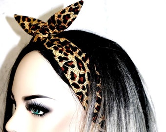 Rockabilly WIRE twist Head scarf Headband Leopard Cheetah Pinup Head Wrap Tie animal print rosie wrap