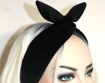 Opaska na głowę z drutu, jednolity, czarny aksamit, Rockabilly Pin-up, vintage, retro, chusta na głowę, krawat