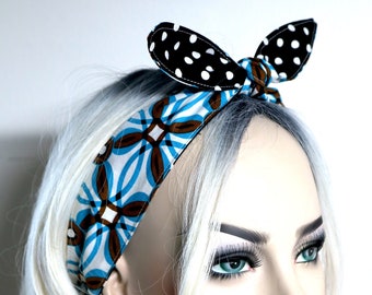 Géométrique bleu noir pois Rockabilly Bandeau foulard envelopper réversible Pinup vintage Retro Style 50's Banadana