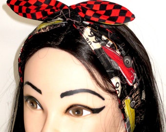 Wire twist Headband vintage cars show print checkered black red route 66 reversible skinny Rockabilly Pin-up Retro Style Head scarf Wrap Tie