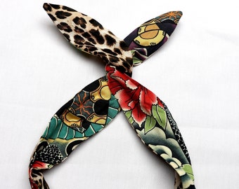 Head scarf WIRE TWIST Headband bow Tattoo print leopard cheetah Rockabilly Head Wrap Scarf Bandana