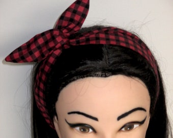 Wire twist skinny Headband black and red squares checkered gingham print  Rockabilly Pin-up Vintage Retro Style Head scarf Wrap Tie