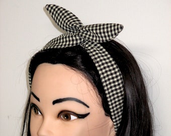 Wire twist Headband Black White gingham Rockabilly head scarf bow Vintage Retro Style Head scarf Wrap Tie