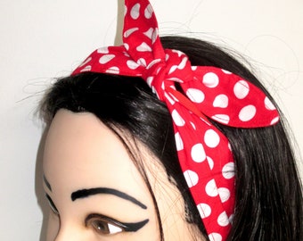 White Red Polka dots Rockabilly headband Head Scarf bow wrap tie Vintage Retro Narrow Skinny Rosie the Riveter