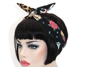 Leopard Draht Stirnband Tattoo Print Rockabilly Kopftuch Retro Pin Up Cheetah Haar Wrap Schleife Bandana Vintage Wired Stirnband