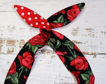 Wired Headband head scarf red roses twist polka dots Wrap bow tie