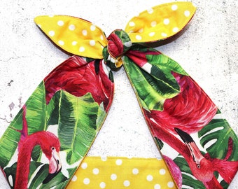 Cabeza bufanda pelo envoltura Pink Flamingo amarillo punto Rockabilly Bandana