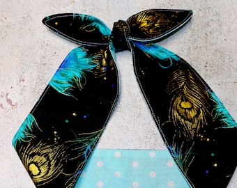 Black Gold Turquoise Peacock Head Wrap Scarf Bandana headband bow