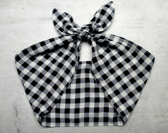 Rockabilly Head Scarf wrap Black White GINGHAM Checkered Check Wrap Tie