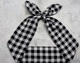 Rockabilly Kopf Schal Stirnband schwarz weiß GINGHAM Pinup Vintage Retro-Stil 50er Jahre Kopf Wrap Tie