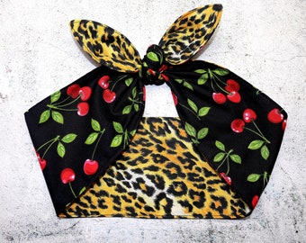 Leopard REVERSIBLE Cherry Rockabilly Headband head scarf hair wrap Pinup Vintage Retro Style 50's Bandana