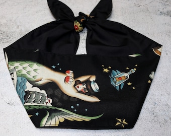 Mermaid Head Scarf TATTOO Rockabilly hair Wrap  headband bow Black