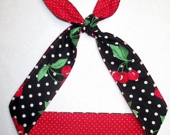 Rockabilly skinny narrow Headband  CHERRIES Cherry red  black polka dots Pinup Vintage Retro Style 50's Banadana