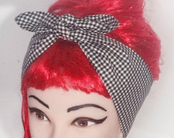 Rockabilly Head scarf Headband white Black GINGHAM Head Wrap Tie