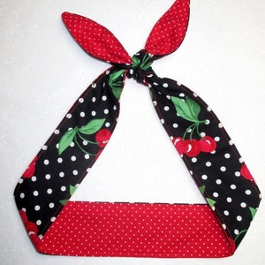 Rockabilly skinny narrow Headband  CHERRIES Cherry red  black polka dots Pinup Vintage Retro Style 50&#39;s Banadana