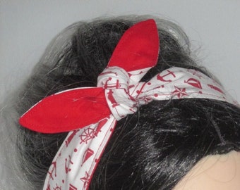 Anchors rockabilly Head scarf Headband dolly bow Sailor white red