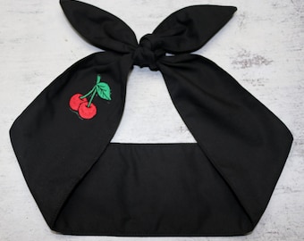 Hair wrap cherry solid Black plain Rockabilly Pin-up Vintage Retro Head scarf Wrap Tie cherries