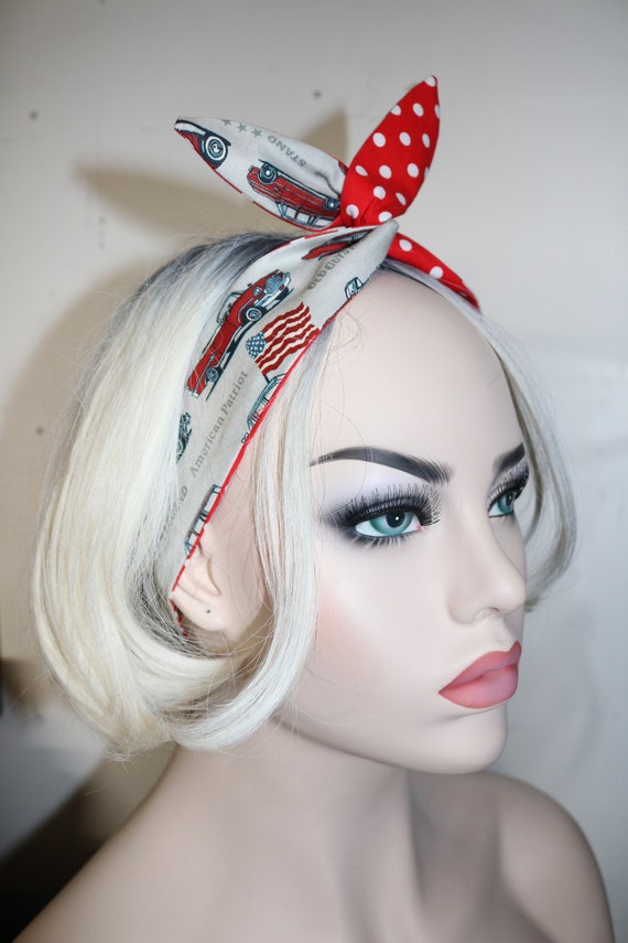 WIRE TWIST Headband Vintage Cars Show Head Scarf Red Polka Dot