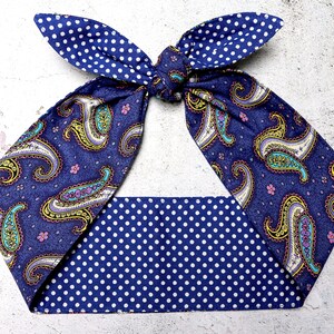 Blue dots Rockabilly Headband paisley head scarf dolly bow wrap