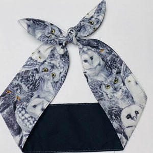 Owls Rockabilly Headband Head Scarf owl Hair Wrap gray grey Cotton