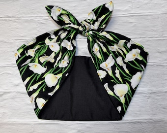 BLACK Floral Rockabilly Kopftuch Haar wickeln Blumen Kopftuch weiß