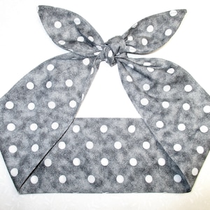 Gris blanco Polka diadema cabeza bufanda envoltura nudo superior nudos Gris Denim impresión Pin-up Rockabilly cabeza bufanda envoltura