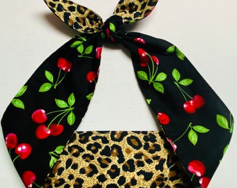 Leopard REVERSIBLE Cherry Rockabilly Headband head scarf hair wrap Pinup Vintage Retro Style 50's Bandana