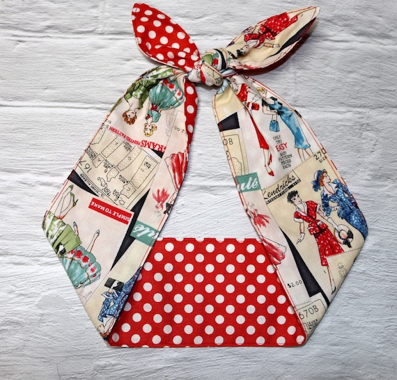 Red White Vintage ladies Head Scarf Polka Dots Rockabilly headband  Headscarf hair Wrap Tie bow