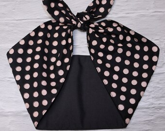 Pink Polka Dots Black Headscarf  rose gold Rockabilly Head Scarf Wrap