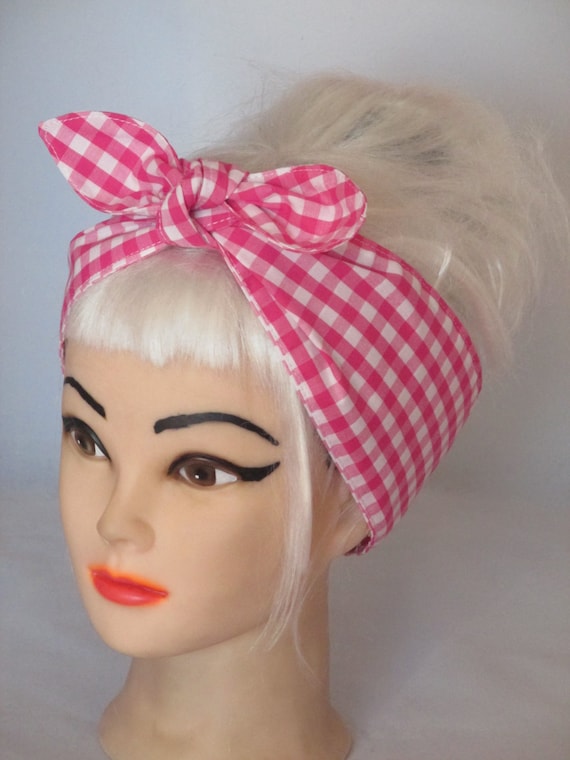 Rockabilly Head scarf Pink GINGHAM checks squares Headband Retro