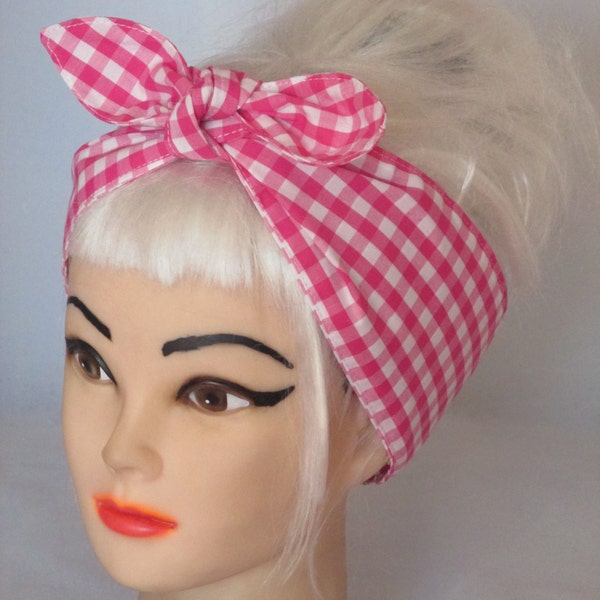 Rosa weißes GINGHAM Karo Stirnband Retro Rockabilly