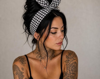 Black White Gingham Head Scarf, Slim Checkered Hair Wrap